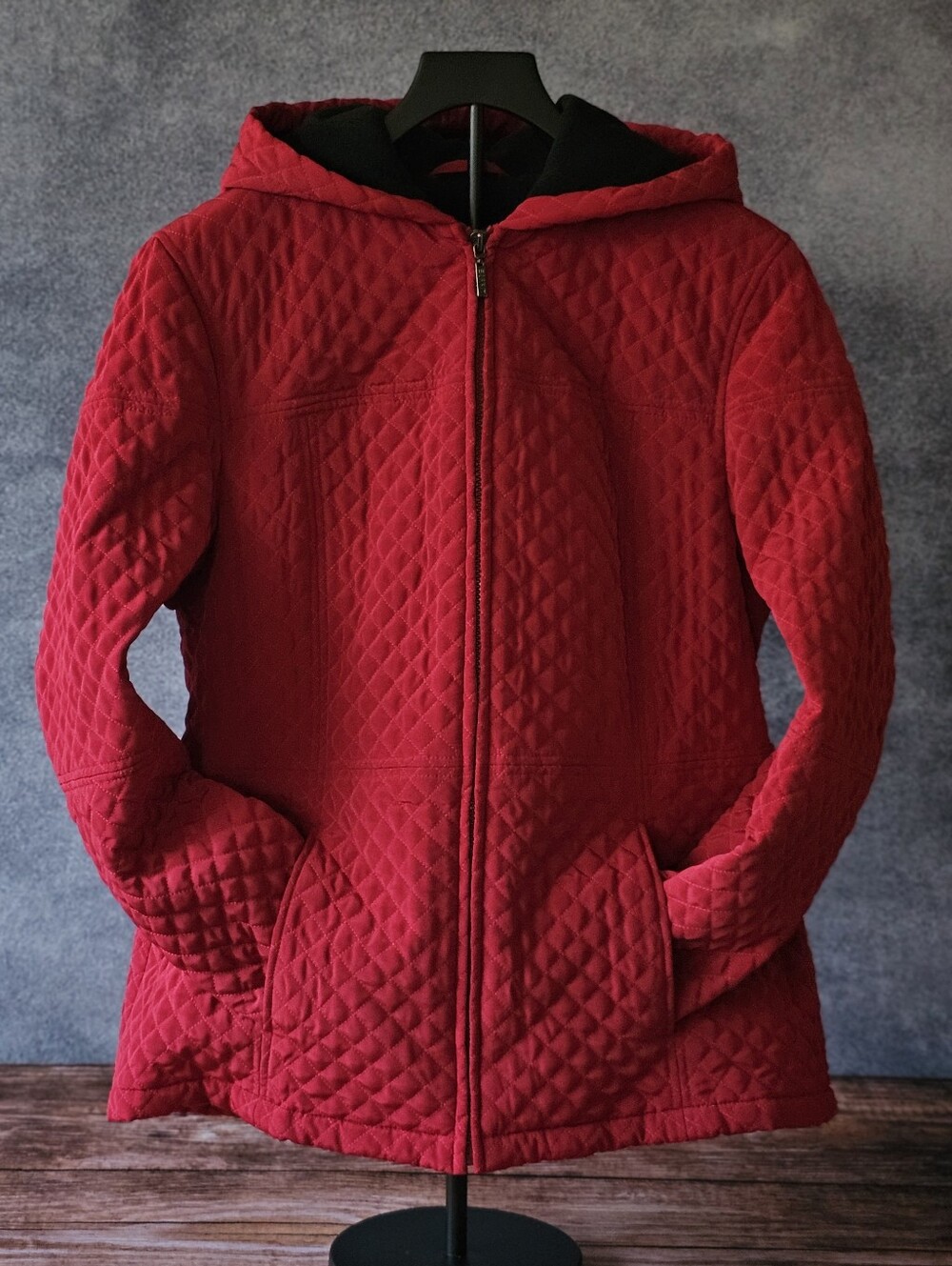 Womens' L Vintage Esprit Quilted Red Jacket Pockets Long Sleeve Lined Zip up